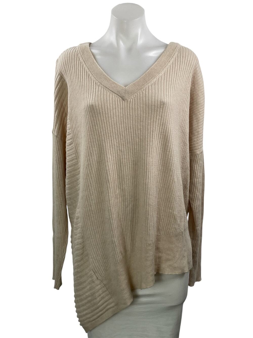 AllSaints Women's Beige Ribbed Knit Wool V Neck Asymmetric Sweater Top Size L